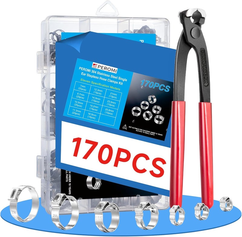 PEROMI 170 Pcs 304 Stainless Steel Single Ear Hose Clamp with Ear Clamp Pincer, 11 Sizes 1/4-1 Inch Constant Crimp Stepless Cinch Rings Crimp Assortment Kit for Water Pipe By - Image 1
